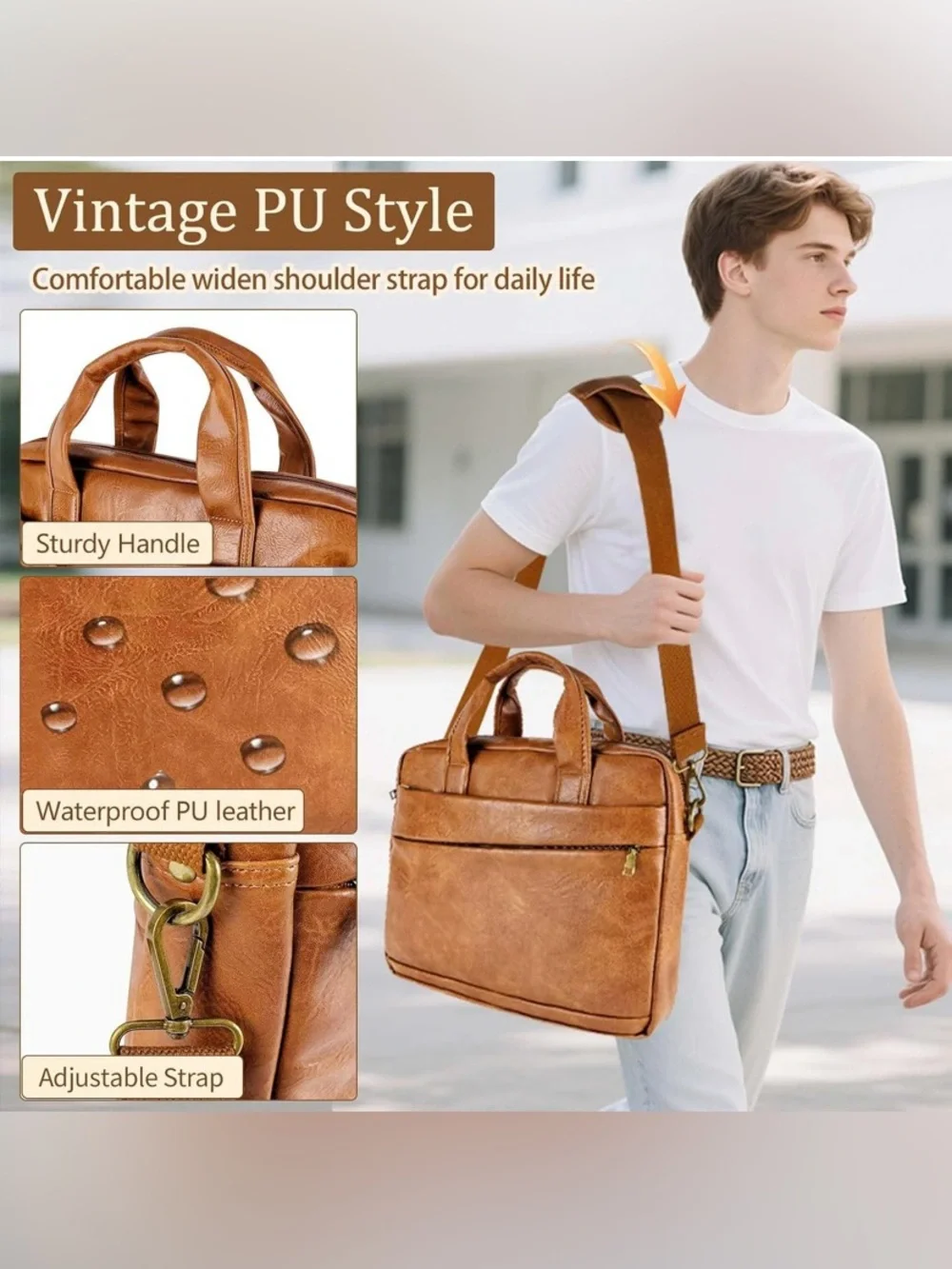 Men's Tan PU Leather Briefcase Laptop Bag